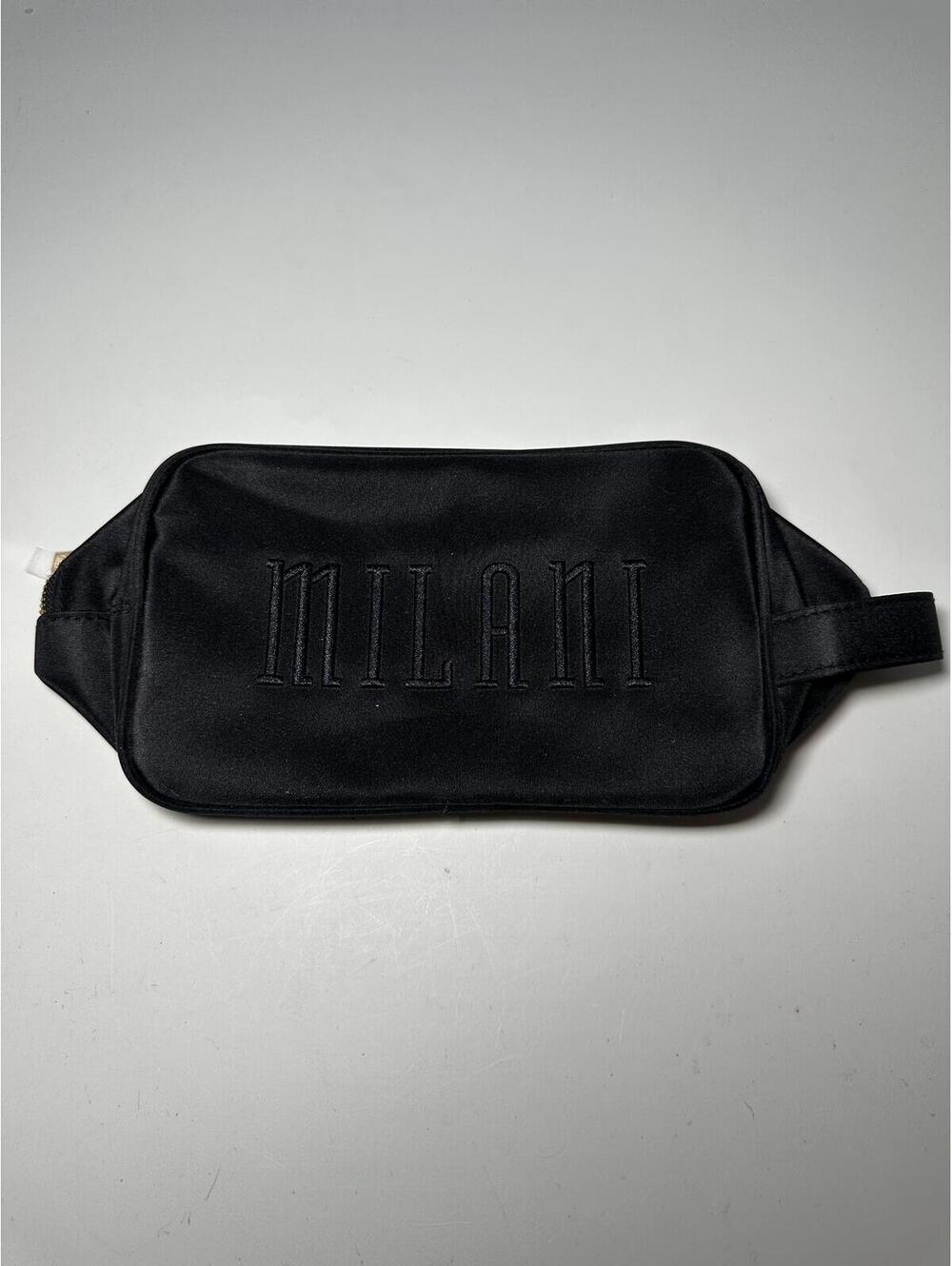 Milani Black Satin Cosmetic Bag with Embroidered Logo and Gold Zipper Pull